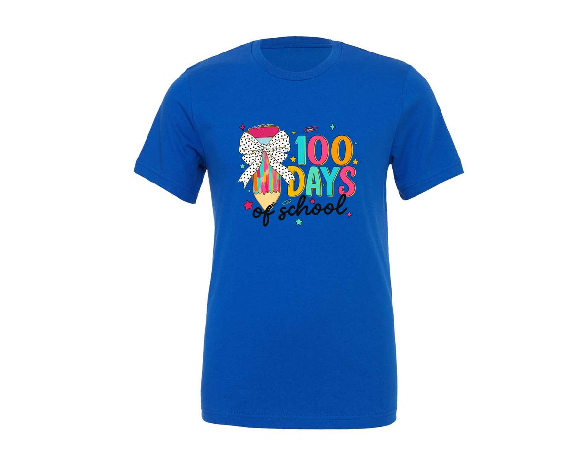 brand:Generic|color:True Royal Blue|Glitter Bow Pencil 100 Days Of School Graphic T-Shirt