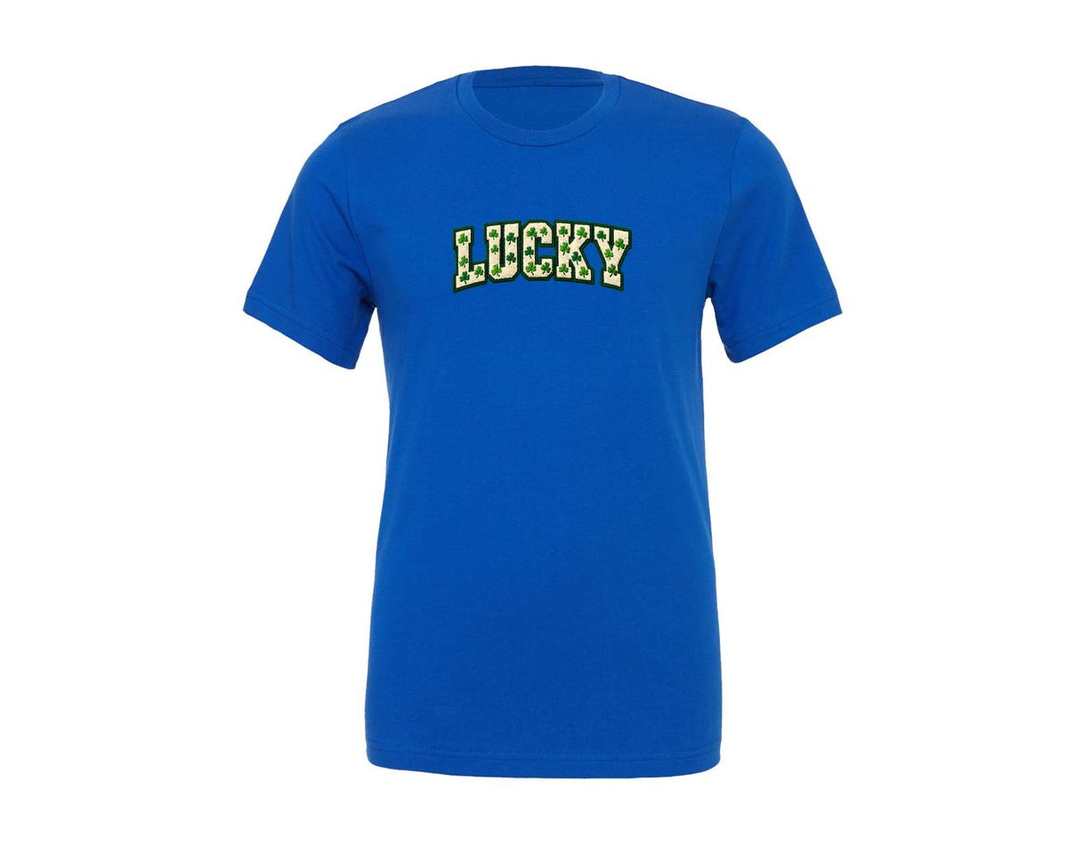 brand:Generic|color:True Royal Blue|Lucky Clover Faux Yarn Lettering Graphic T-Shirt