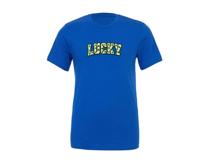 brand:Generic|color:True Royal Blue|Lucky Clover Faux Yarn Lettering Graphic T-Shirt