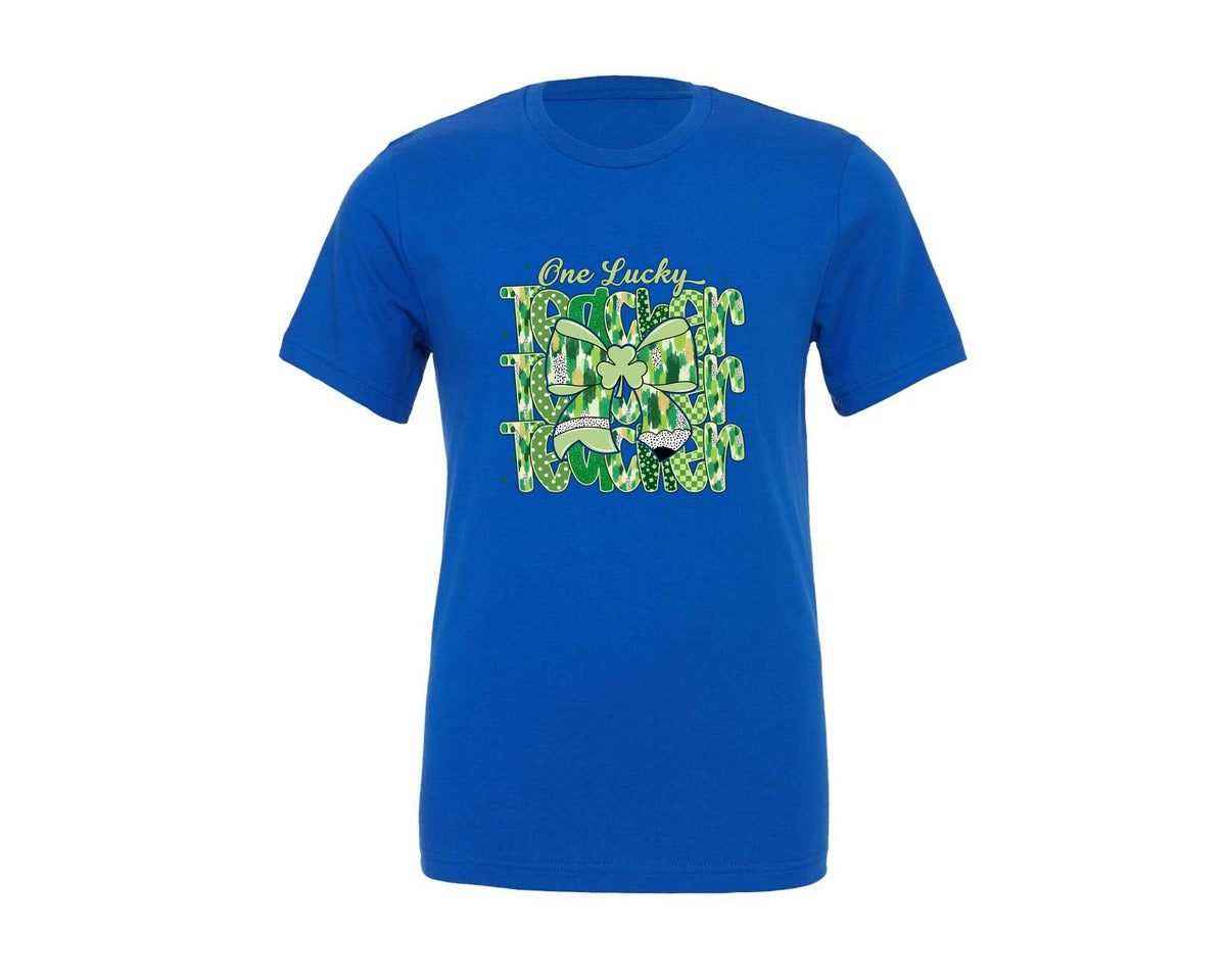 brand:Generic|color:True Royal Blue|St Patricks Day Teacher Coquette Bow Graphic T-Shirt
