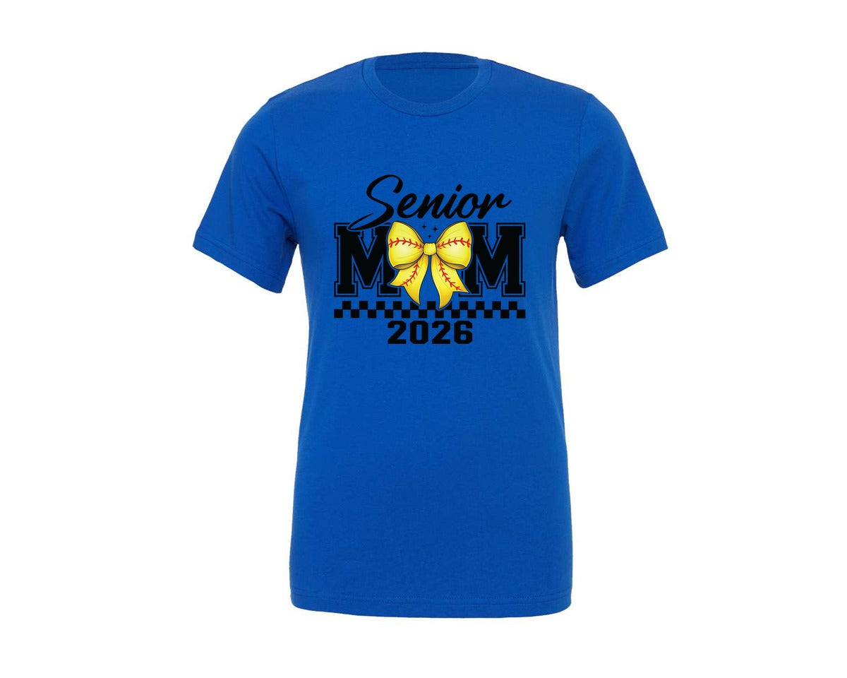 brand:Generic|color:True Royal Blue|Senior Softball Mom 2026 Coquette Bow Graphic T-Shirt