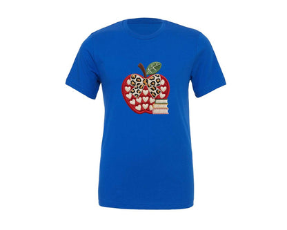 brand:Generic|color:True Royal Blue|Embroidery Leopard Apple Teacher Book Graphic T-Shirt
