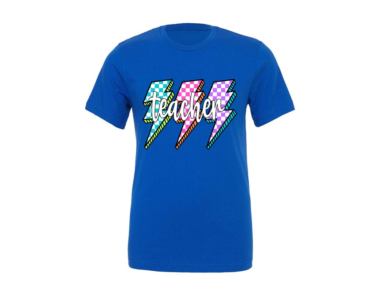 brand:Generic|color:True Royal Blue|Lightning Bolt Teacher Graphic T-Shirt