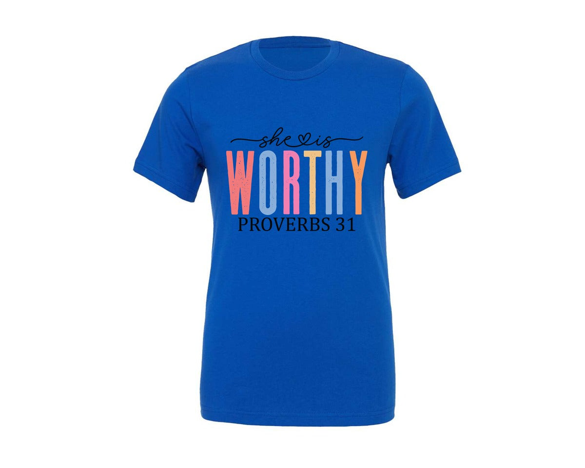 brand:Generic|color:True Royal Blue|She Is Worthy Religious Graphic T-Shirt