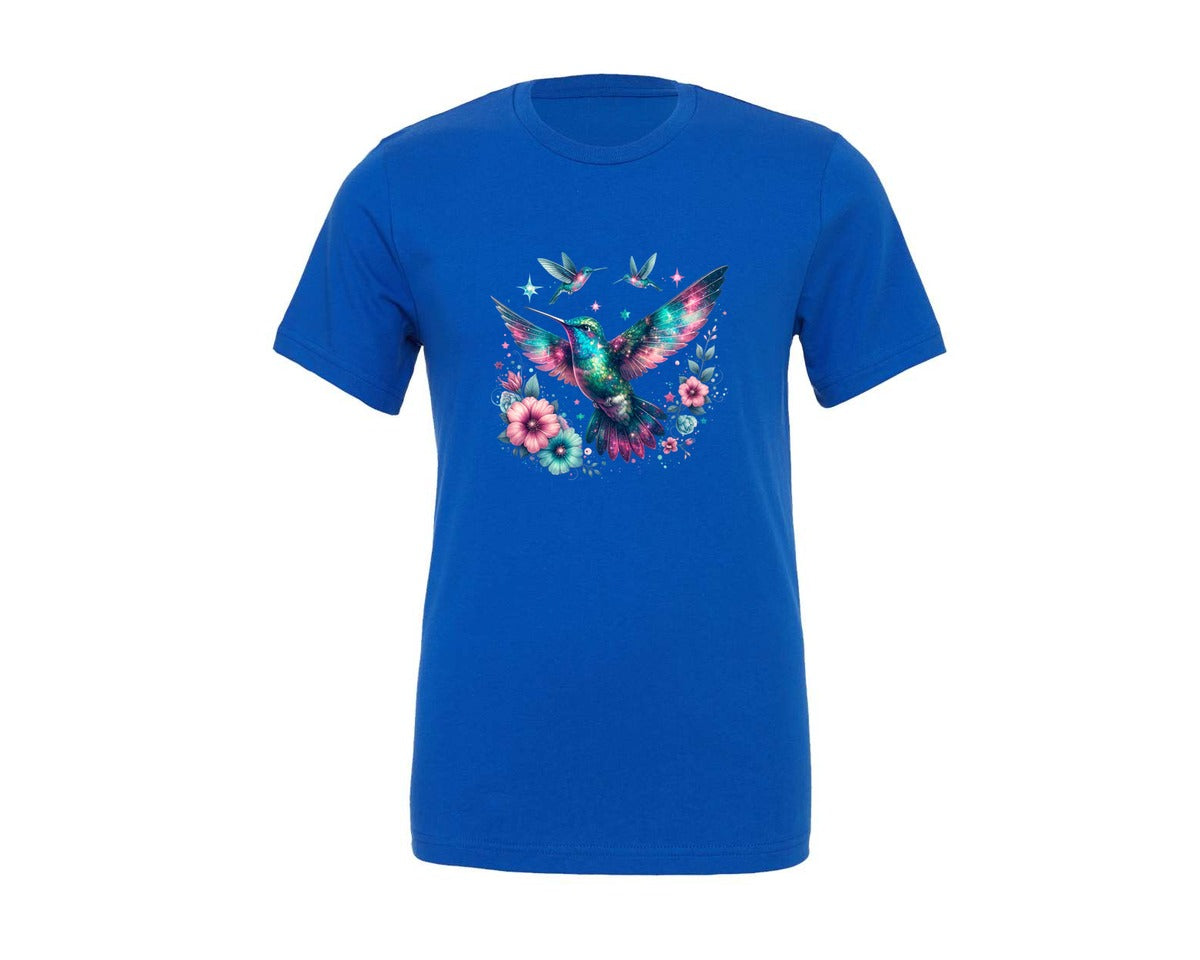 brand:Generic|color:True Royal Blue|Iridescent Hummingbird Flowers Graphic T-Shirt