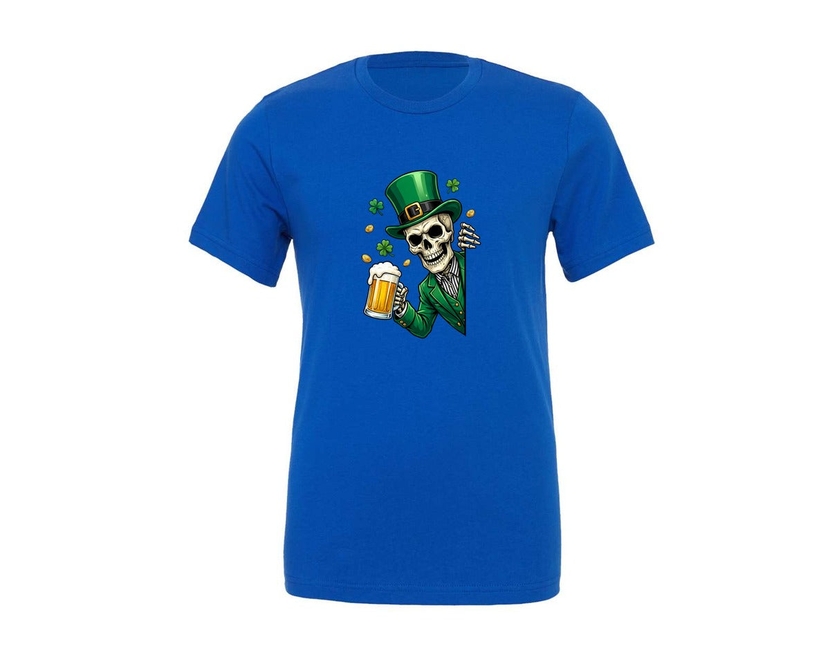 brand:Generic|color:True Royal Blue|Skeleton Drinking Beer St Patricks Graphic T-Shirt