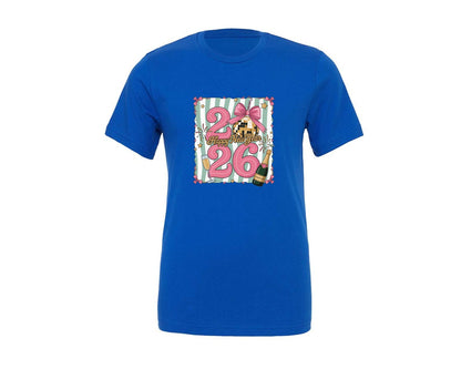 brand:Generic|color:True Royal Blue|Happy New Year 2026 Disco Ball Bow Graphic T-Shirt
