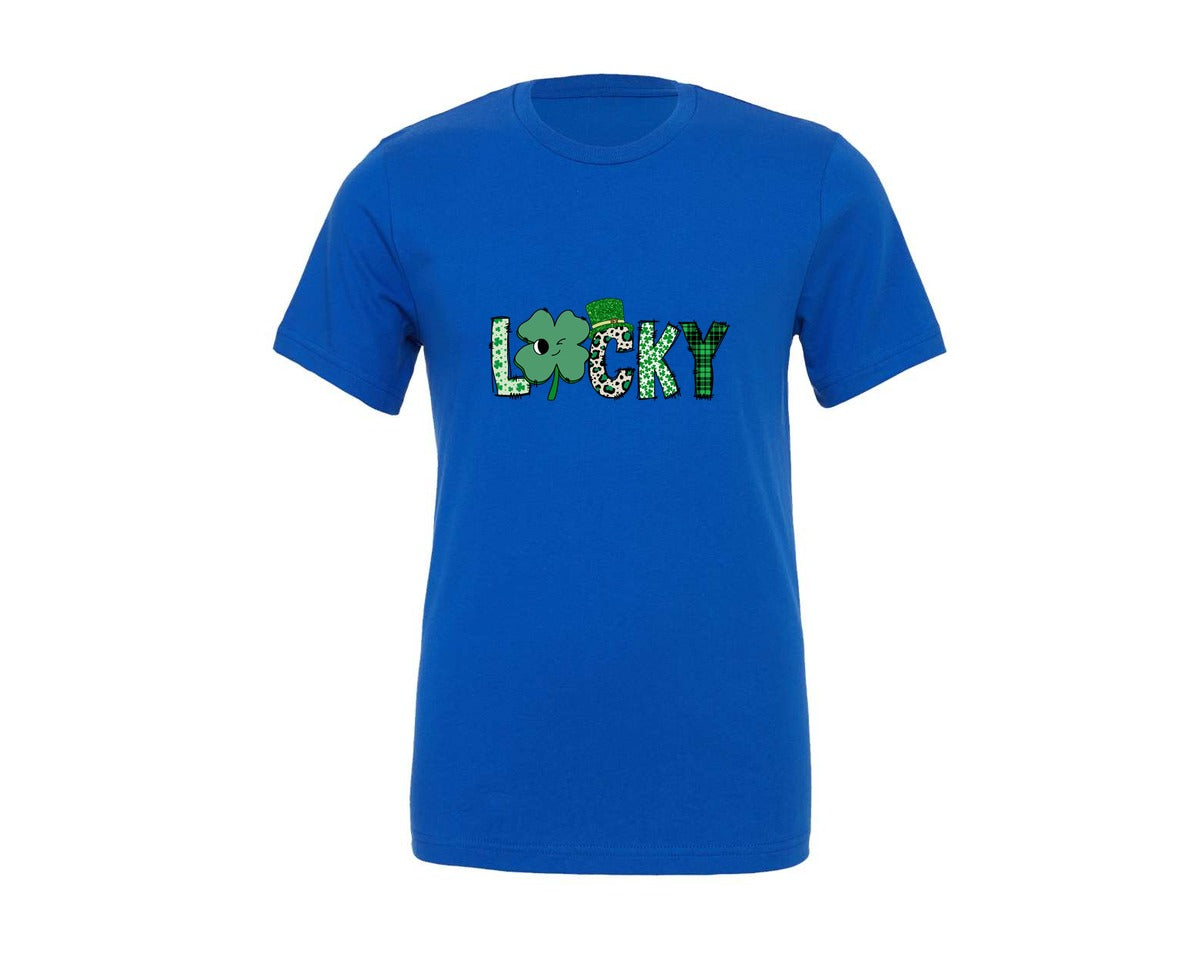 brand:Generic|color:True Royal Blue|Lucky Patchwork Clover Graphic T-Shirt