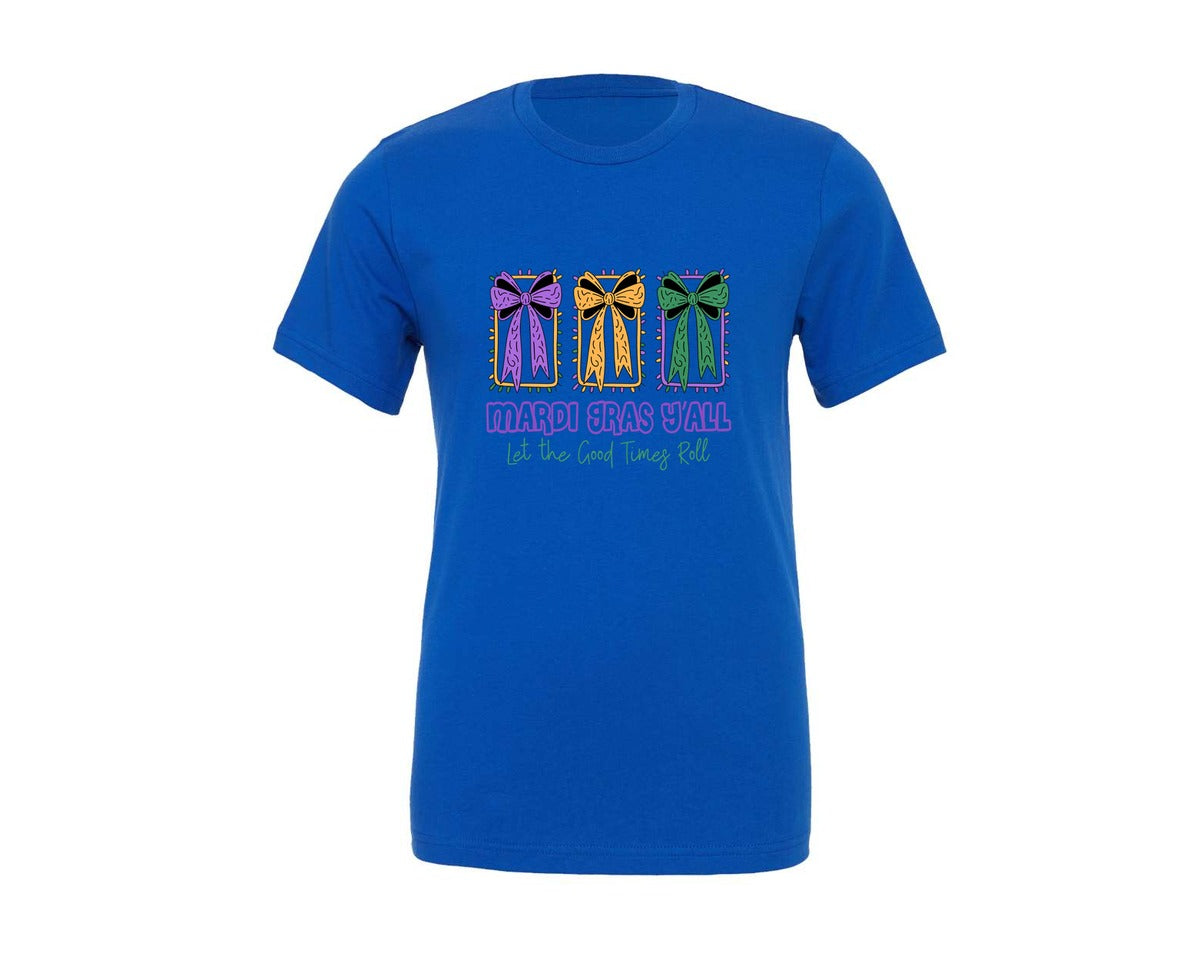 brand:Generic|color:True Royal Blue|Mardi Gras Yall Coquette Bow Graphic T-Shirt