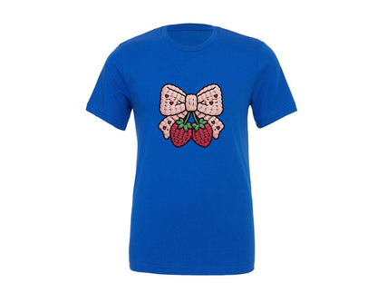 brand:Generic|color:True Royal Blue|Crochet Strawberry Bow Valentines Graphic T-Shirt