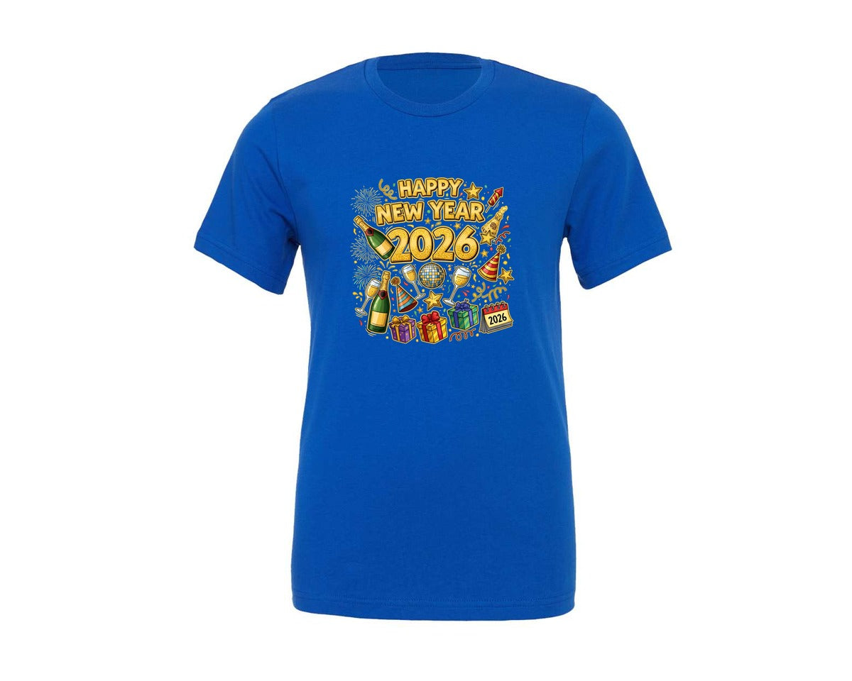 brand:Generic|color:True Royal Blue|Gold Sparkle Happy New Year 2026 Graphic T-Shirt