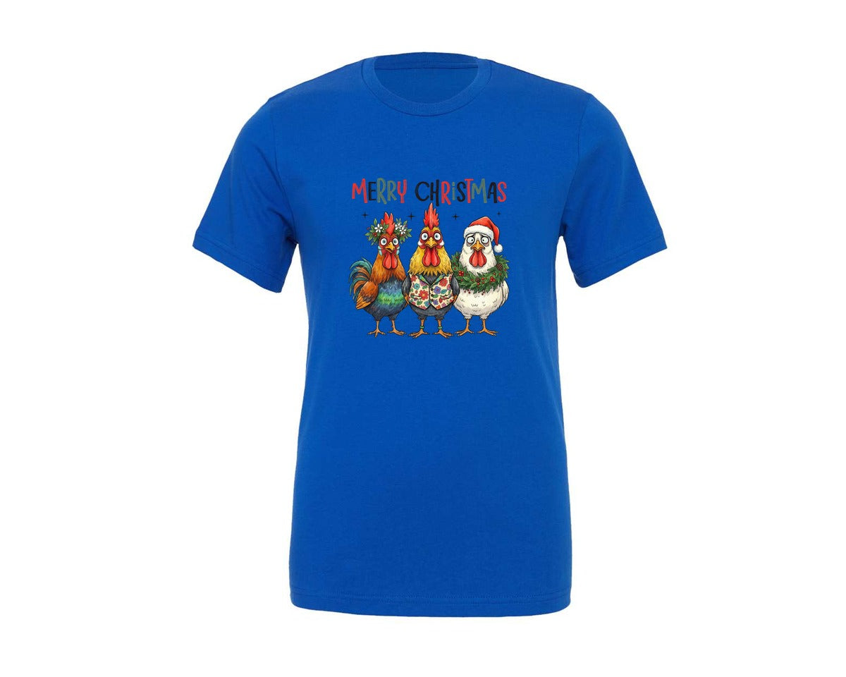 brand:Generic|color:True Royal Blue|Merry Christmas Funny Roosters Graphic T-Shirt