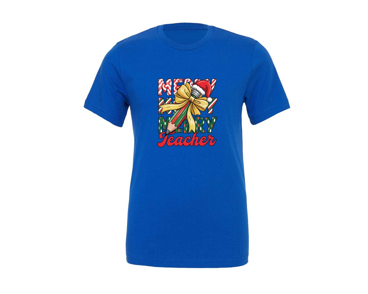 brand:Generic|color:True Royal Blue|Merry Teacher Christmas Pencil Tree 2 Graphic T-Shirt