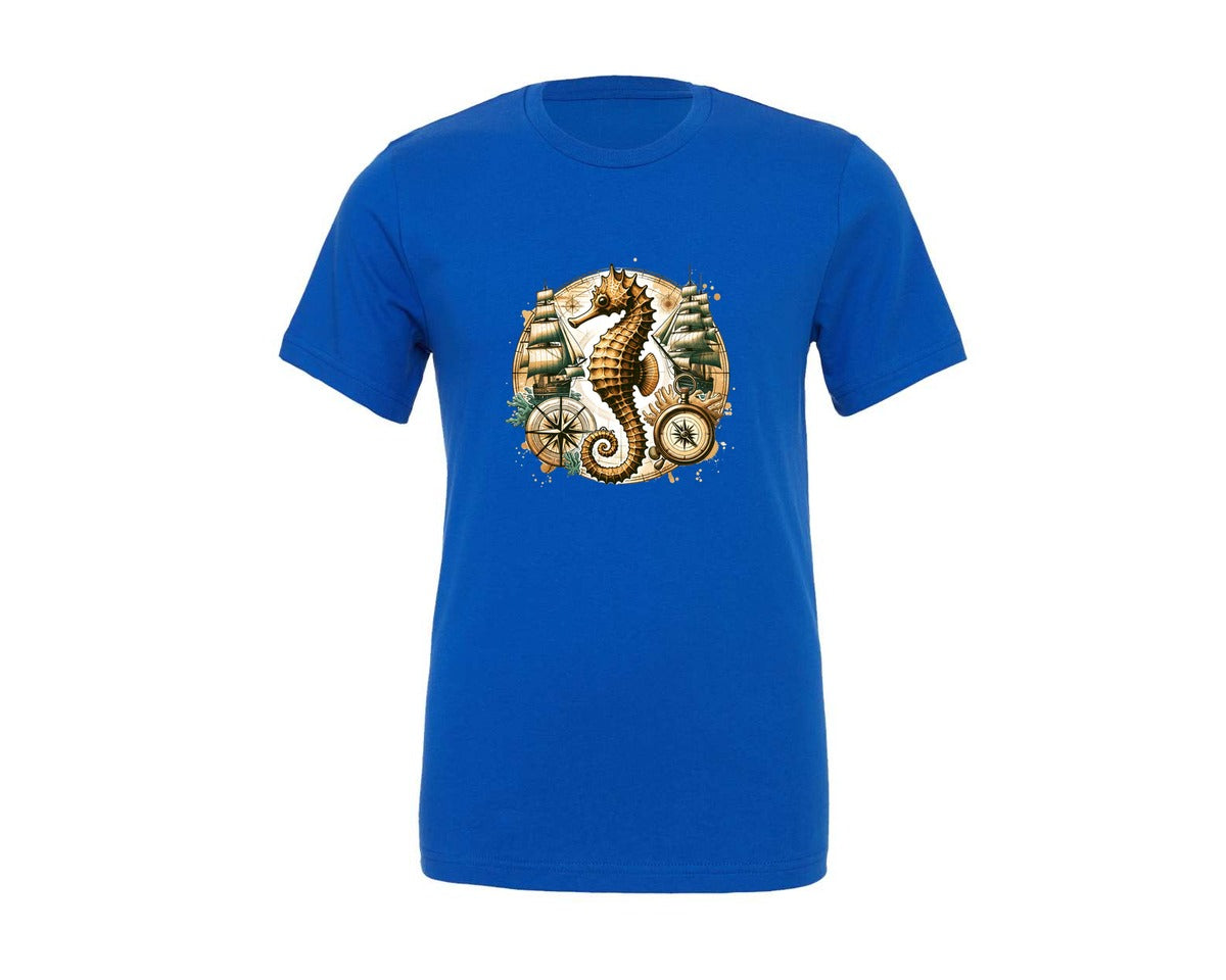 brand:Generic|color:True Royal Blue|Vintage Seahorse Compass Ship Graphic T-Shirt