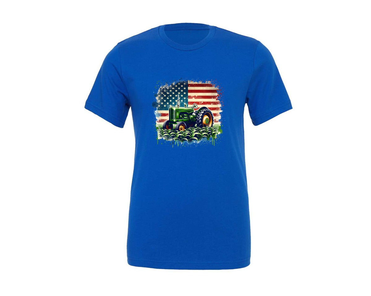 brand:Generic|color:True Royal Blue|Green Tractor Farm American Flag Graphic T-Shirt