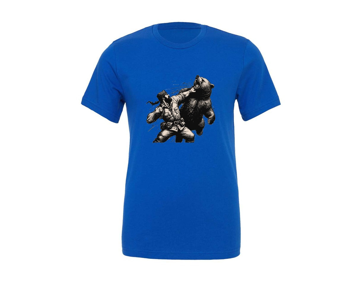 brand:Generic|color:True Royal Blue|Funny Man Punching Bear Hunting Camping Graphic T-Shirt