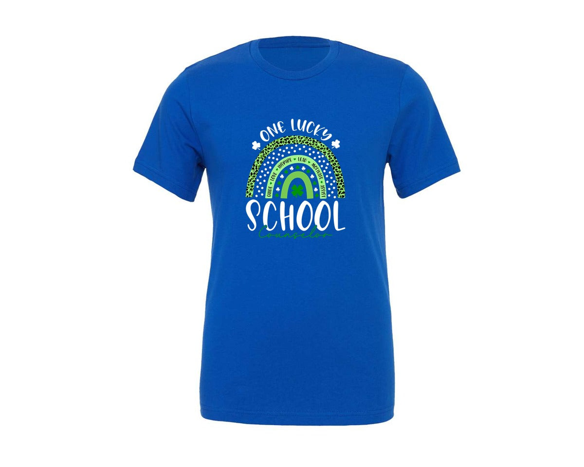 brand:Generic|color:True Royal Blue|One Lucky School Counselor Rainbow Graphic T-Shirt