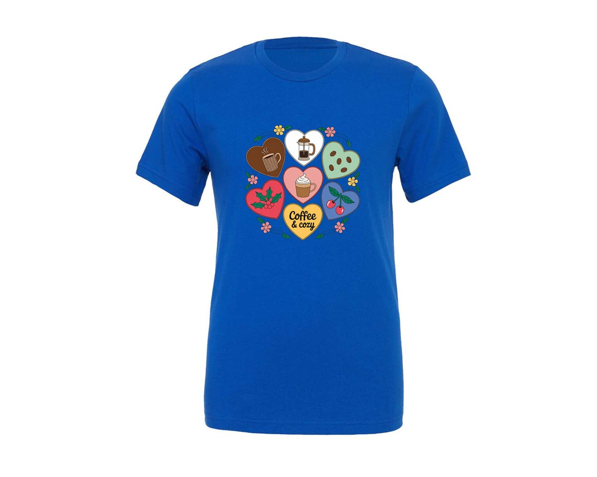brand:Generic|color:True Royal Blue|Coffee And Cozy Fall Hearts With Pumpkin Graphic T-Shirt