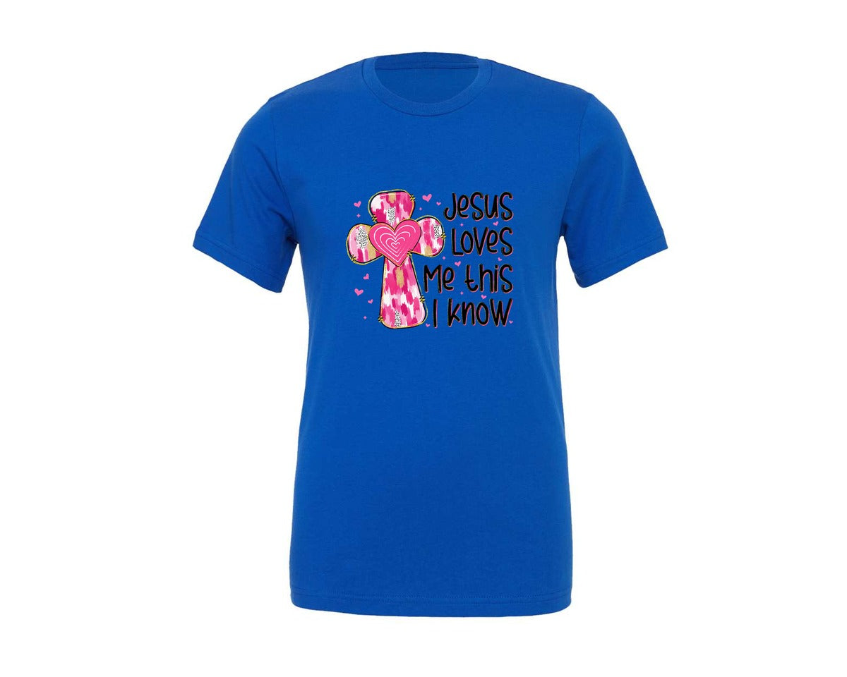 brand:Generic|color:True Royal Blue|Jesus Loves Me This I Know Pink Cross Pn Graphic T-Shirt