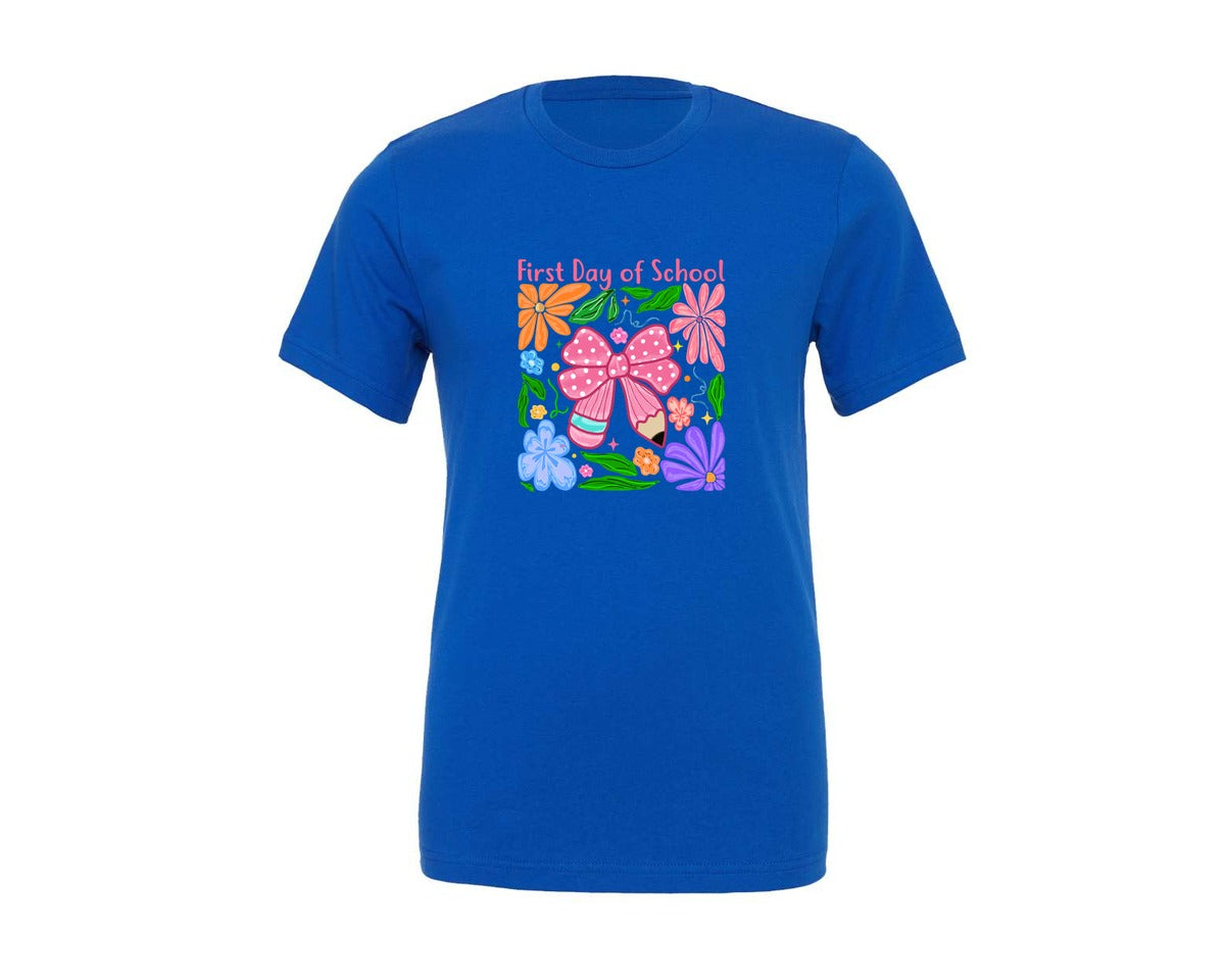 brand:Generic|color:True Royal Blue|First Day Of School Bow Pencil Graphic T-Shirt