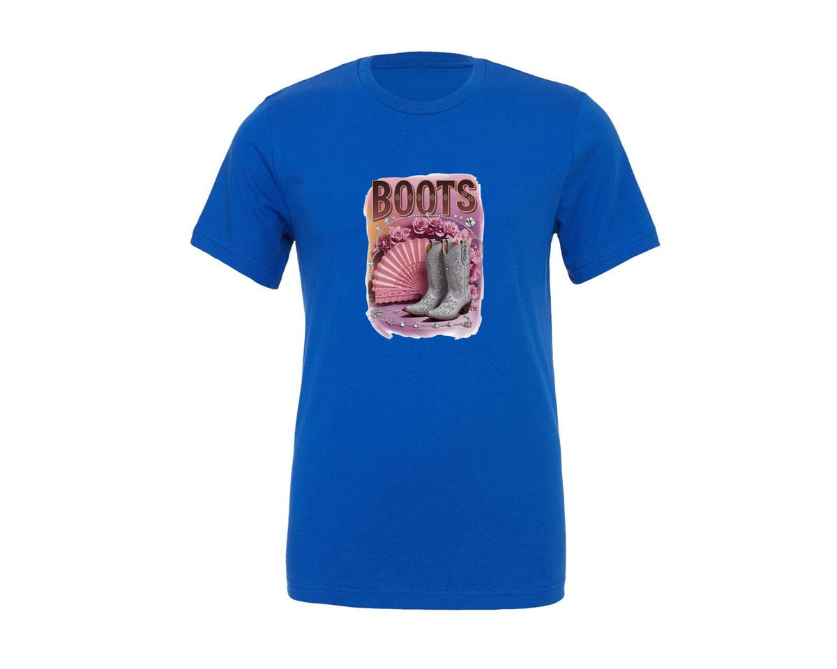 brand:Generic|color:True Royal Blue|Boots Sparkling Western Cowgirl Glam Graphic T-Shirt