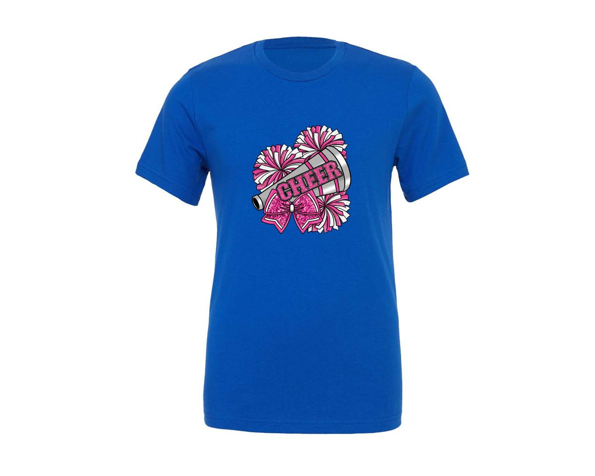 brand:Generic|color:True Royal Blue|Cheer Pink Glitter Pom Poms Bow Graphic T-Shirt
