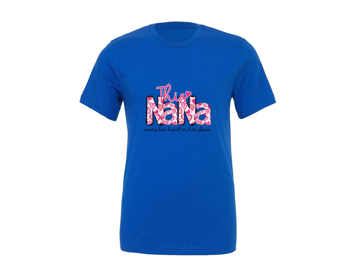 brand:Generic|color:True Royal Blue|This Nana Wears Her Heart Sleeve Design Graphic T-Shirt