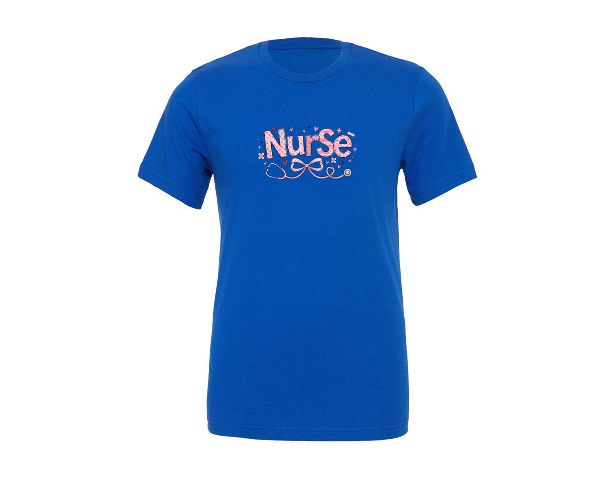 brand:Generic|color:True Royal Blue|Valentine Pink Nurse Stethoscope Bow Graphic T-Shirt