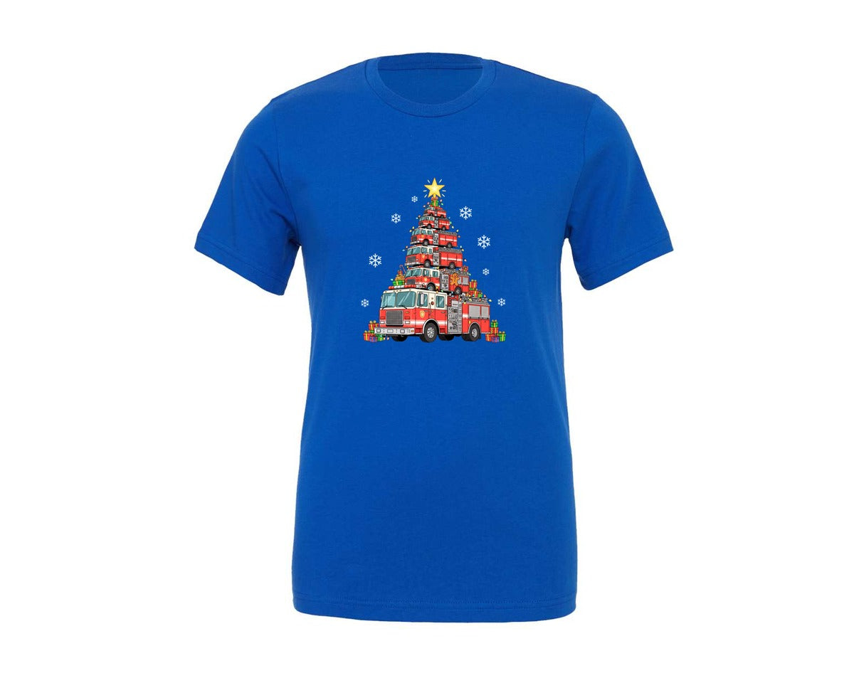 brand:Generic|color:True Royal Blue|Firetruck Christmas Tree Firefighte Graphic T-Shirt