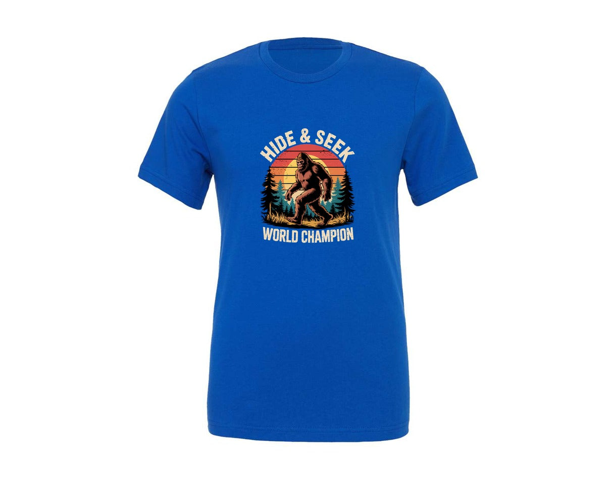 brand:Generic|color:True Royal Blue|Funny Bigfoot Hide Seek Champion Graphic T-Shirt