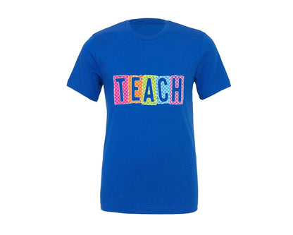 brand:Generic|color:True Royal Blue|Neon Teach Retro Checkered Teacher Graphic T-Shirt