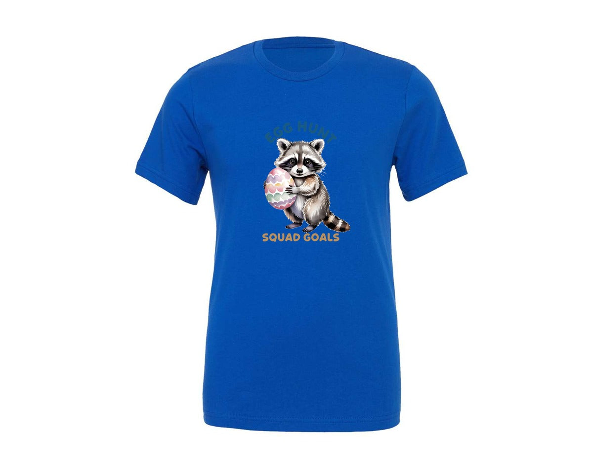 brand:Generic|color:True Royal Blue|Egg Hunt Squad Goals Cute Raccoon Easter Graphic T-Shirt