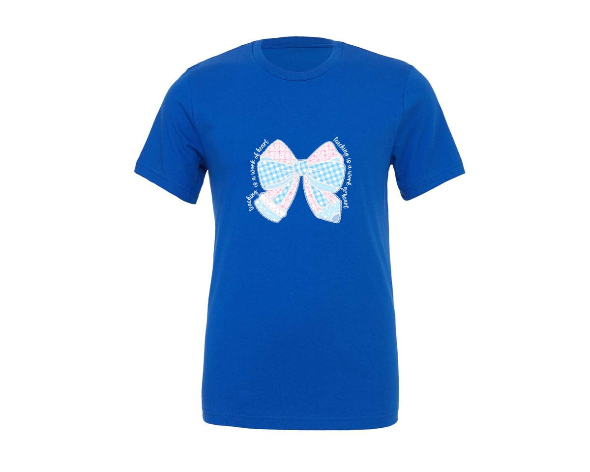 brand:Generic|color:True Royal Blue|Teaching Is A Work Of Heart Bow Graphic T-Shirt