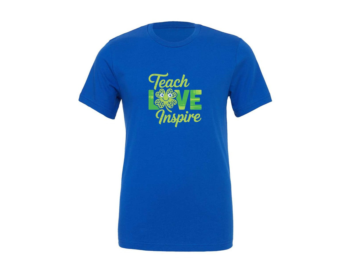 brand:Generic|color:True Royal Blue|Teach Love Inspire Shamrock Teacher Graphic T-Shirt