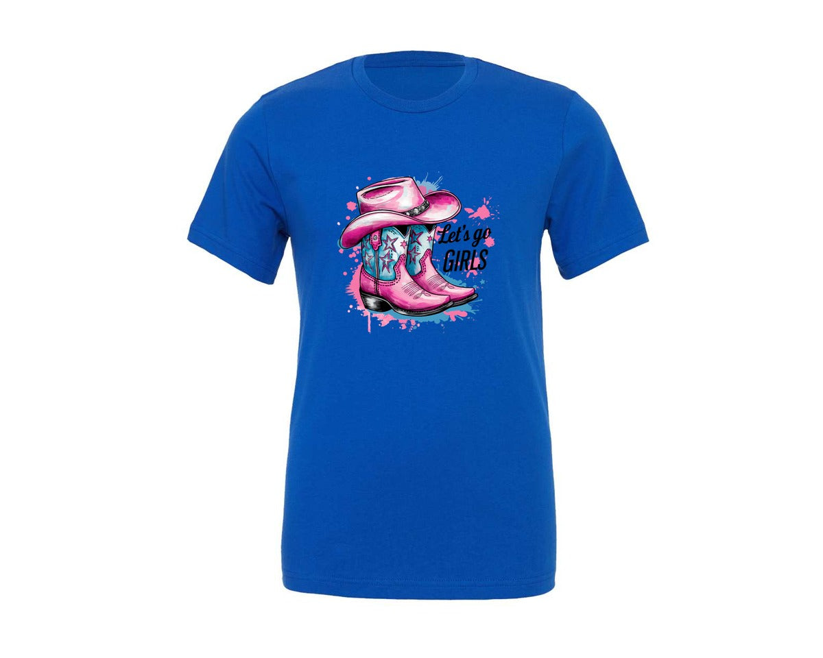 brand:Generic|color:True Royal Blue|Lets Go Girls Pink Cowgirl Boots Graphic T-Shirt