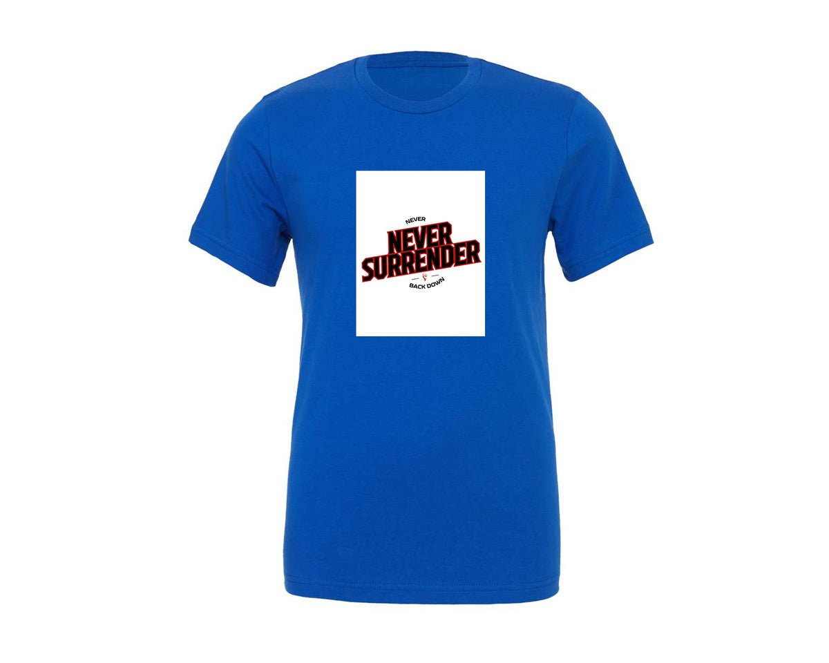 brand:Generic|color:True Royal Blue|Never Surrender Never Back Down Faith Graphic T-Shirt