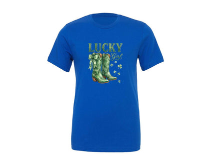 brand:Generic|color:True Royal Blue|Lucky Girl St Patricks Cowgirl Boot Graphic T-Shirt