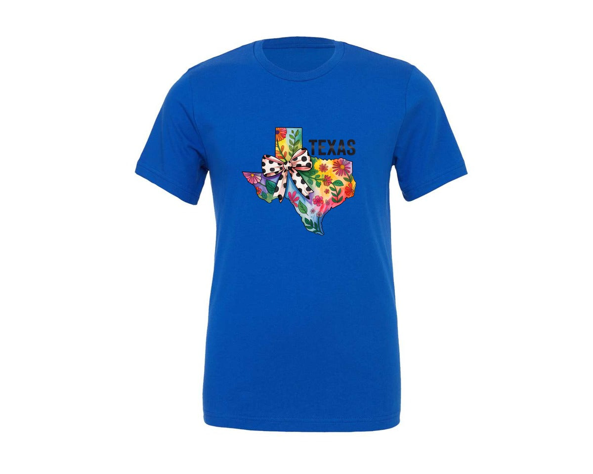 brand:Generic|color:True Royal Blue|Colorful Coquette Floral Texas Map Graphic T-Shirt