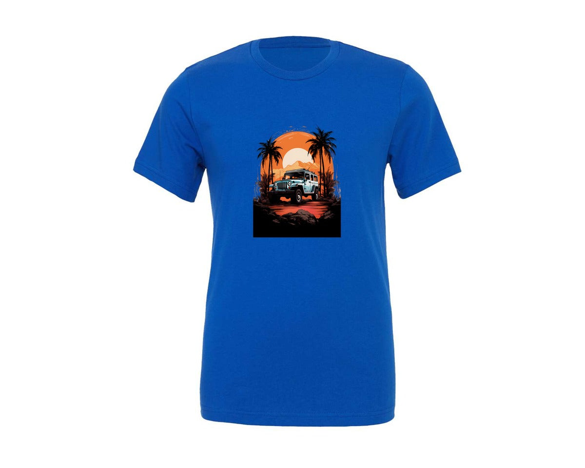 brand:Generic|color:True Royal Blue|Tropical Car Sunset Graphic T-Shirt