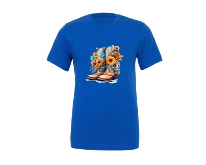 brand:Generic|color:True Royal Blue|Hippie Cowboy Boots Wild Flowers Graphic T-Shirt