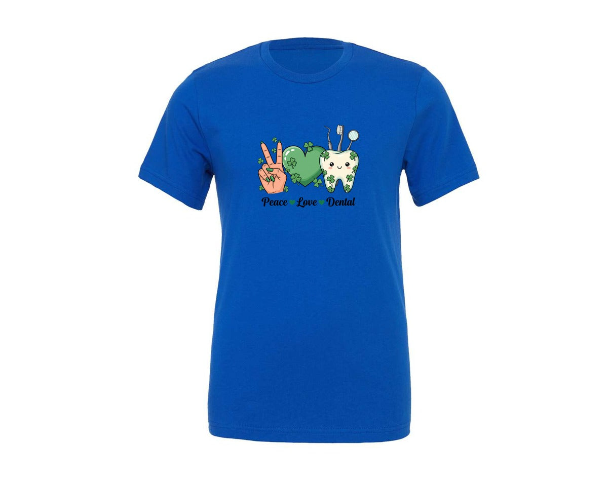 brand:Generic|color:True Royal Blue|Peace Love Dental St Patrick Design Graphic T-Shirt
