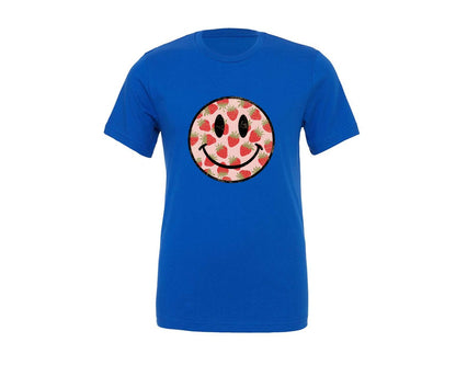 brand:Generic|color:True Royal Blue|Distressed Strawberry Smiley Face Graphic T-Shirt