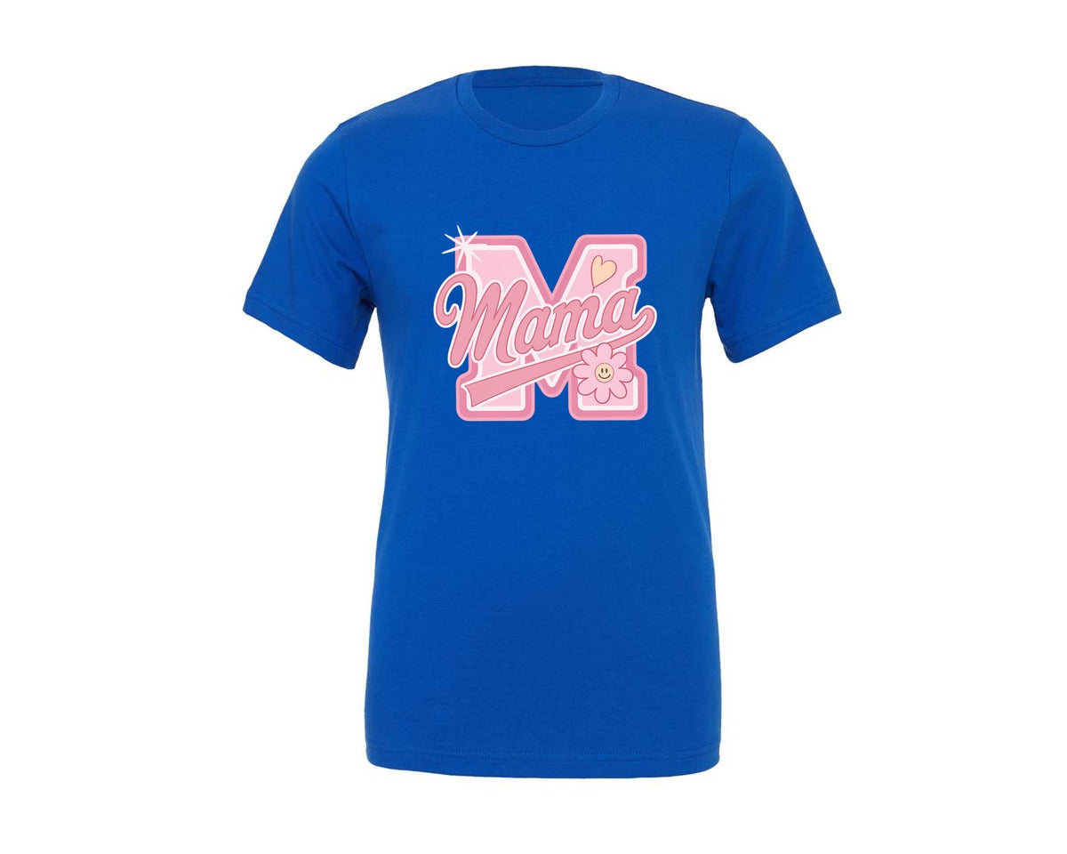 brand:Generic|color:True Royal Blue|Pink Y2K Mama With Smiley Flower Graphic T-Shirt