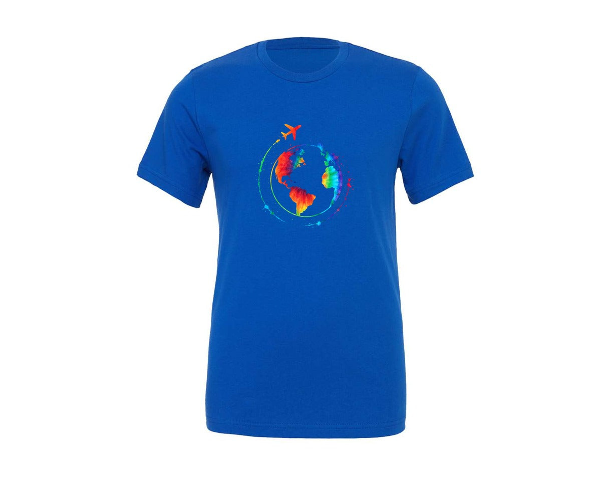 brand:Generic|color:True Royal Blue|Watercolor Globe Tie Dye Earth Travel Graphic T-Shirt