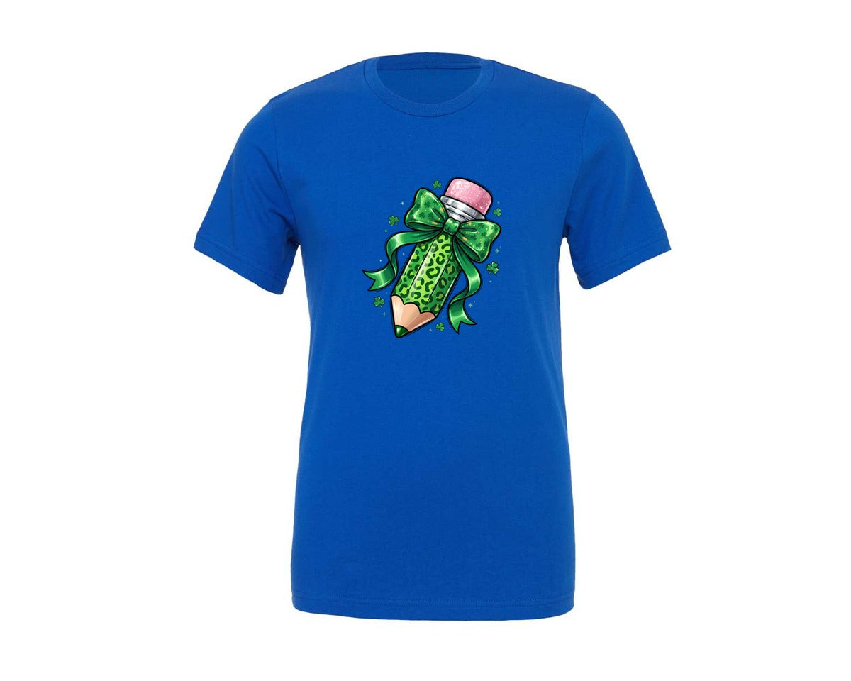 brand:Generic|color:True Royal Blue|St Patricks Day Glitter Pencil Bow Graphic T-Shirt
