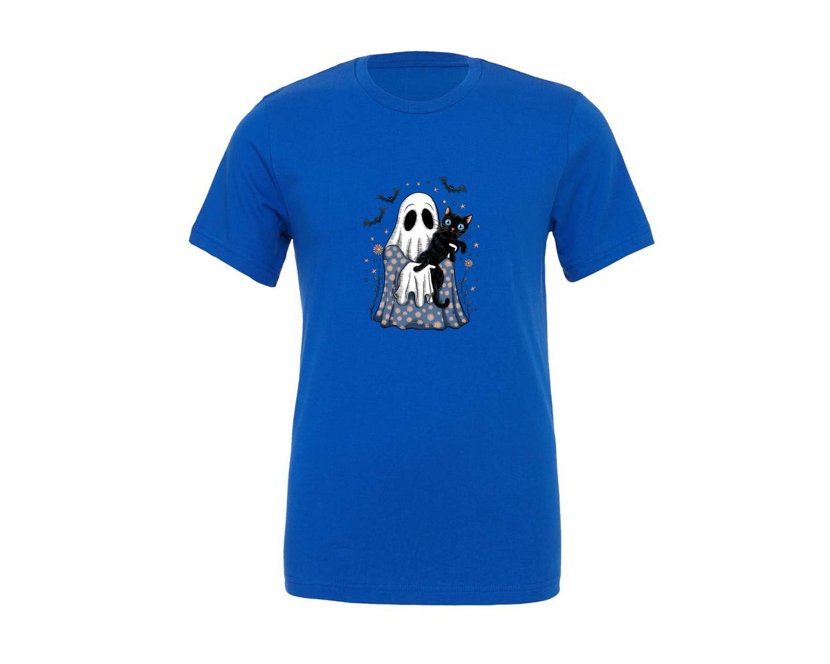 brand:Generic|color:True Royal Blue|Ghost Hugging Black Cat Whimsical Graphic T-Shirt