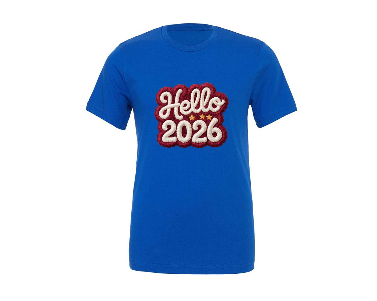 brand:Generic|color:True Royal Blue|Knitted Hello 2026 Heart New Year Graphic T-Shirt