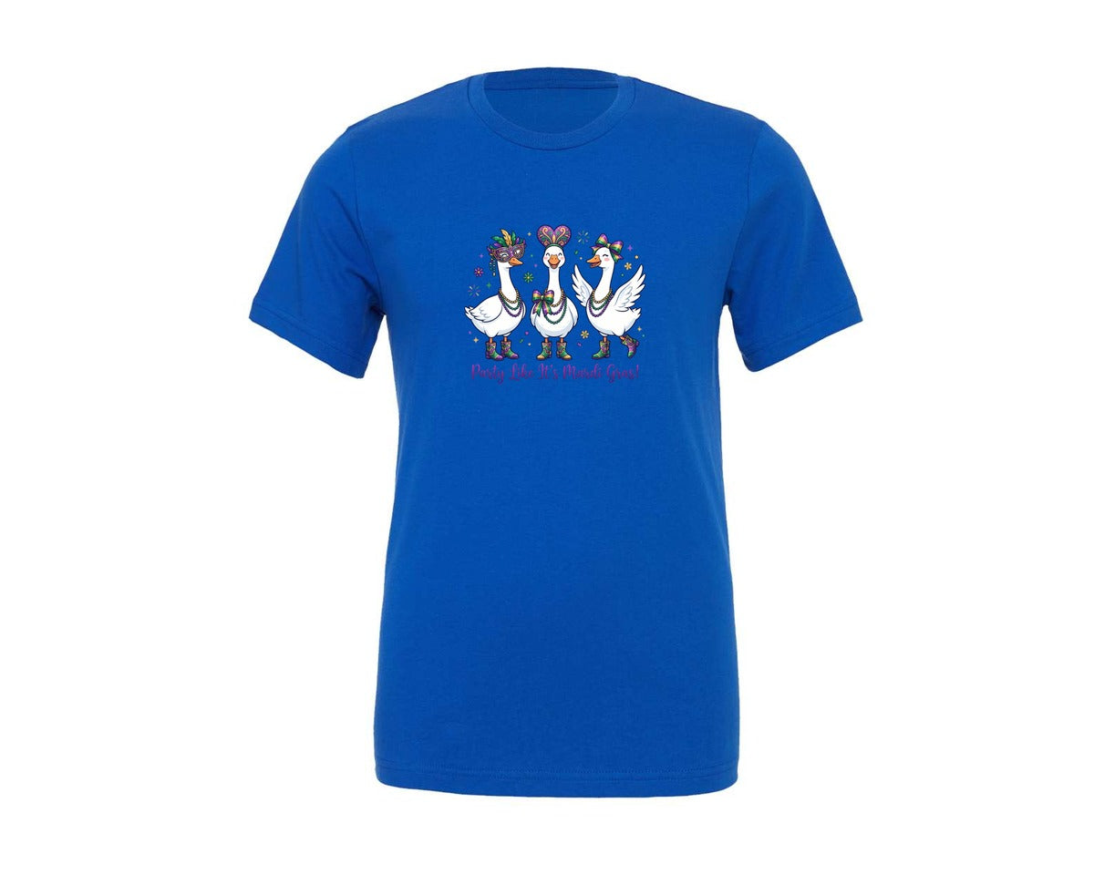 brand:Generic|color:True Royal Blue|Party Like Its Mardi Gras Goose Graphic T-Shirt