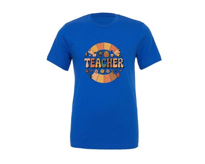 brand:Generic|color:True Royal Blue|Retro Teacher Rainbow Graphic T-Shirt