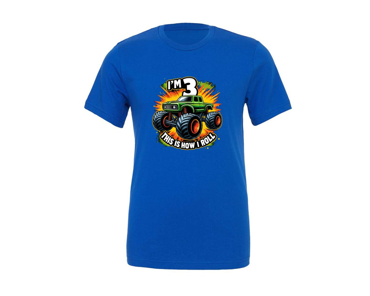 brand:Generic|color:True Royal Blue|Kids Im 3 Monster Truck 3Rd Graphic T-Shirt